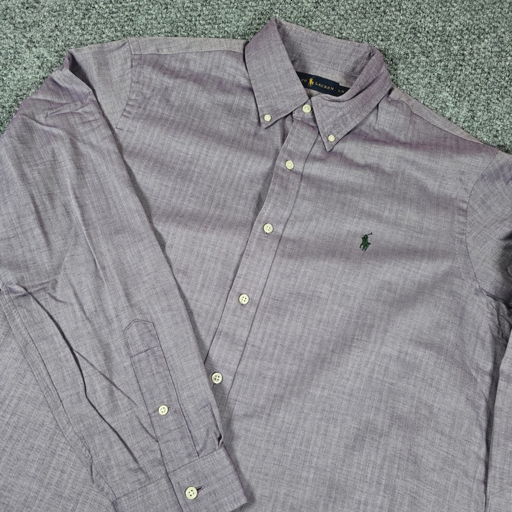 Polo Ralph Lauren Mens Button Down Shirt Purple Herringbone Classic‎ Fit Size L